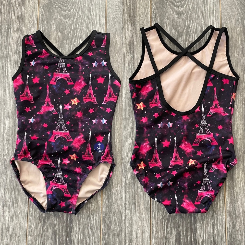 NWT Anchor Paris Eiffel Tower Strappy Gymnastics Leotard CM Girls Youth